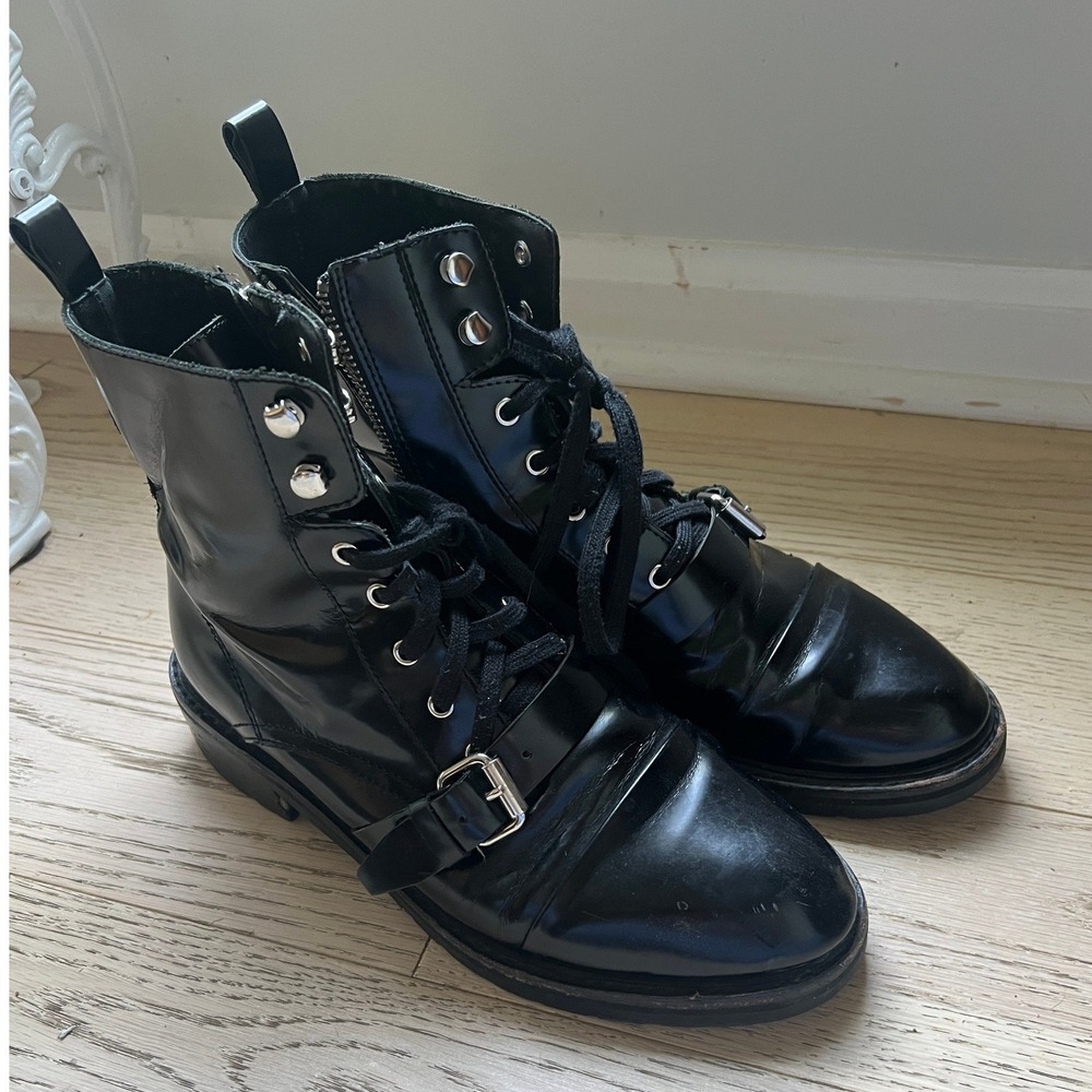 AllSaints Black Leather Buckle Combat Boots Side Zip Lug Sole Womens 41